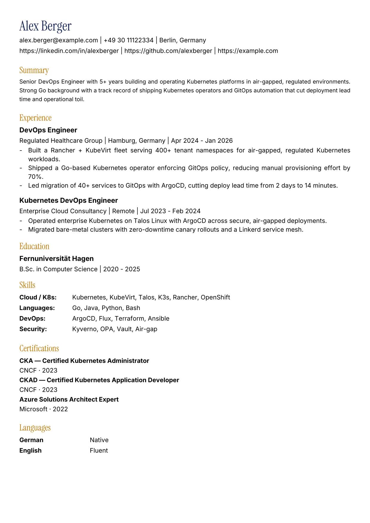 The same CV tailored to the job, professionally typeset to PDF — specific and quantified.