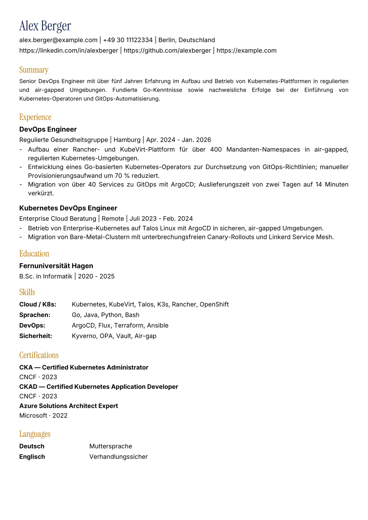 A German Lebenslauf rendered to PDF by our own typesetting engine.